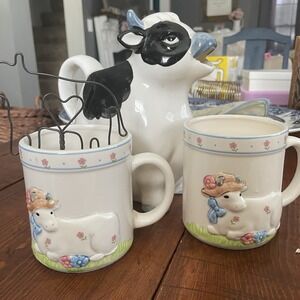 Vintage Cow Pitcher and Mugs Kitchen Decor Bundle Lot of 4 Farmhouse Country